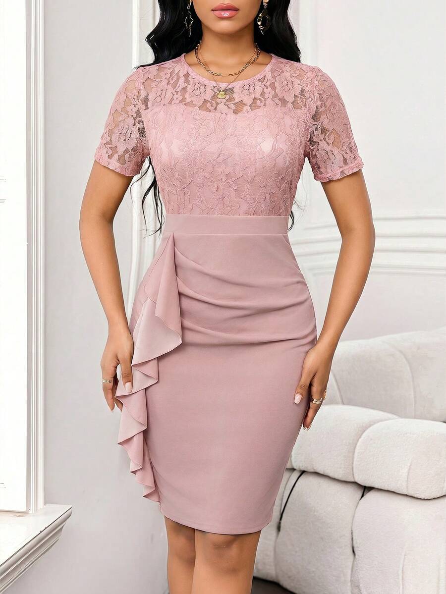 SHEIN Lady Váy dự tiệc cưới ren xếp nếp cho nữ, váy dự tiệc công sở cho nữ - Bụi hồng - Xem 1