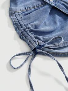 ROMWE Y2K Hot Girl Elastic Peach Butt Side Drawstring Sexy Low Waist Women's Denim Shorts Club Light Blue Summer - Medium Wash - View 3
