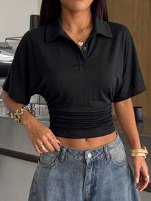 SHEIN EZwear 女士休闲简约双色翻领修身短袖T恤，夏季 - 彩色 - 查看 5