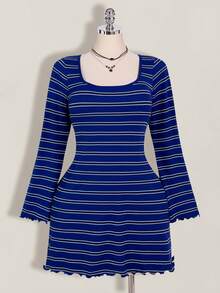 SHEIN ICON Plus Size Colorful Striped Backless Flare Sleeve Knit Dress - Royal Blue - View 6