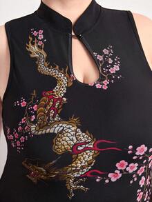 ROMWE J-FASHION 大码女式中国风火焰龙桃花印花背心 - 黑色 - 查看 8
