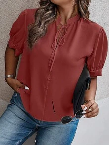SHEIN Clasi 大码休闲纯色系带衬衫 - 紅色 - 查看 4
