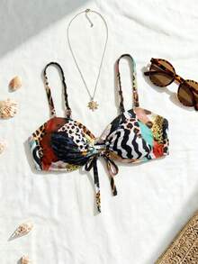 Swim SXY Áo bikini cỡ lớn dành cho nữ, họa tiết da báo gợi cảm, kiểu dáng patchwork, dây buộc điều chỉnh phía trước, dây đeo vai có thể tháo rời, phù hợp cho kỳ nghỉ biển và mặc hàng ngày. - Nhiều màu - Xem 7