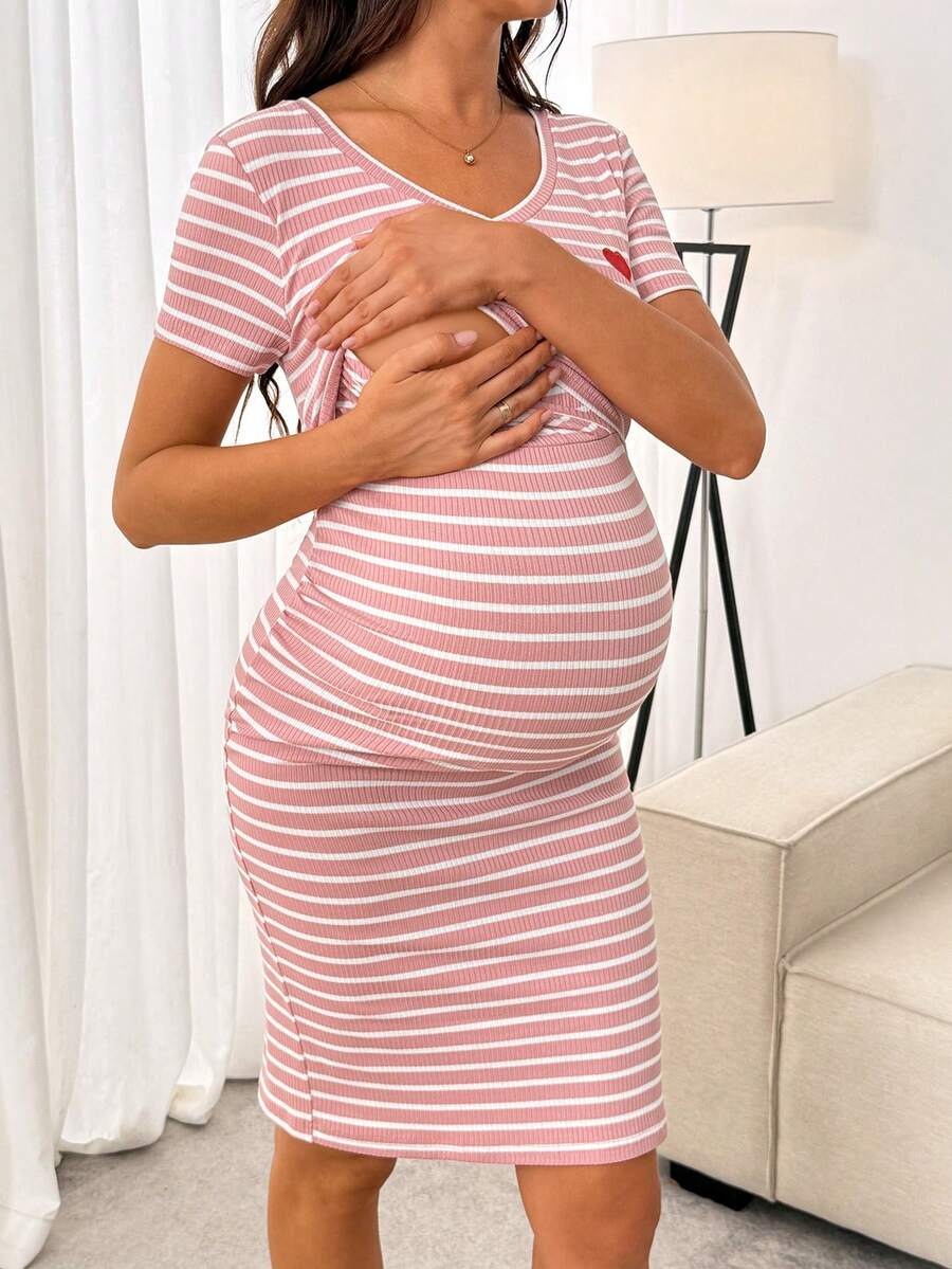 Slowluna Maternity Heart Embroidery Striped V-Neck Short Sleeve Nursing Dress - Pink - View 1