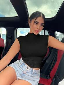 SHEIN SXY 素色小高領背心上衣 - 黑色 - 查看 6