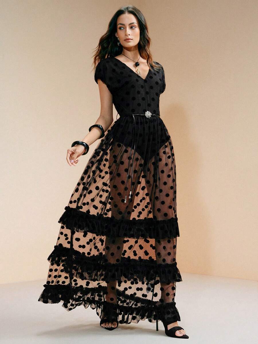 Arave 女士V领连帽长连衣裙，梭织网眼植绒面料，腰带设计，休闲日常穿着 - 黑色 - 查看 1