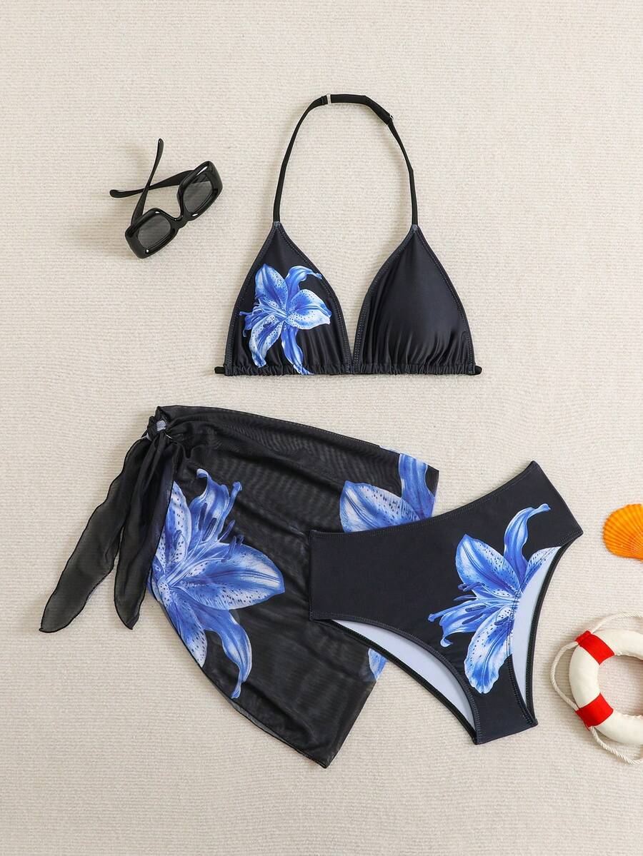 SHEIN 少女三件套比基尼,黑色碎花挂脖三角上衣、三角泳裤、纱笼,时尚休闲优雅泳装,适合游泳、度假、夏季穿着 - 藍色 - 查看 1