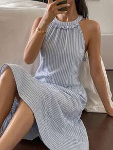 DAZY Đầm mặc nhà không tay in họa tiết kẻ sọc dành cho nữ, thích hợp cho mùa hè. - Màu xanh lam - Xem 3