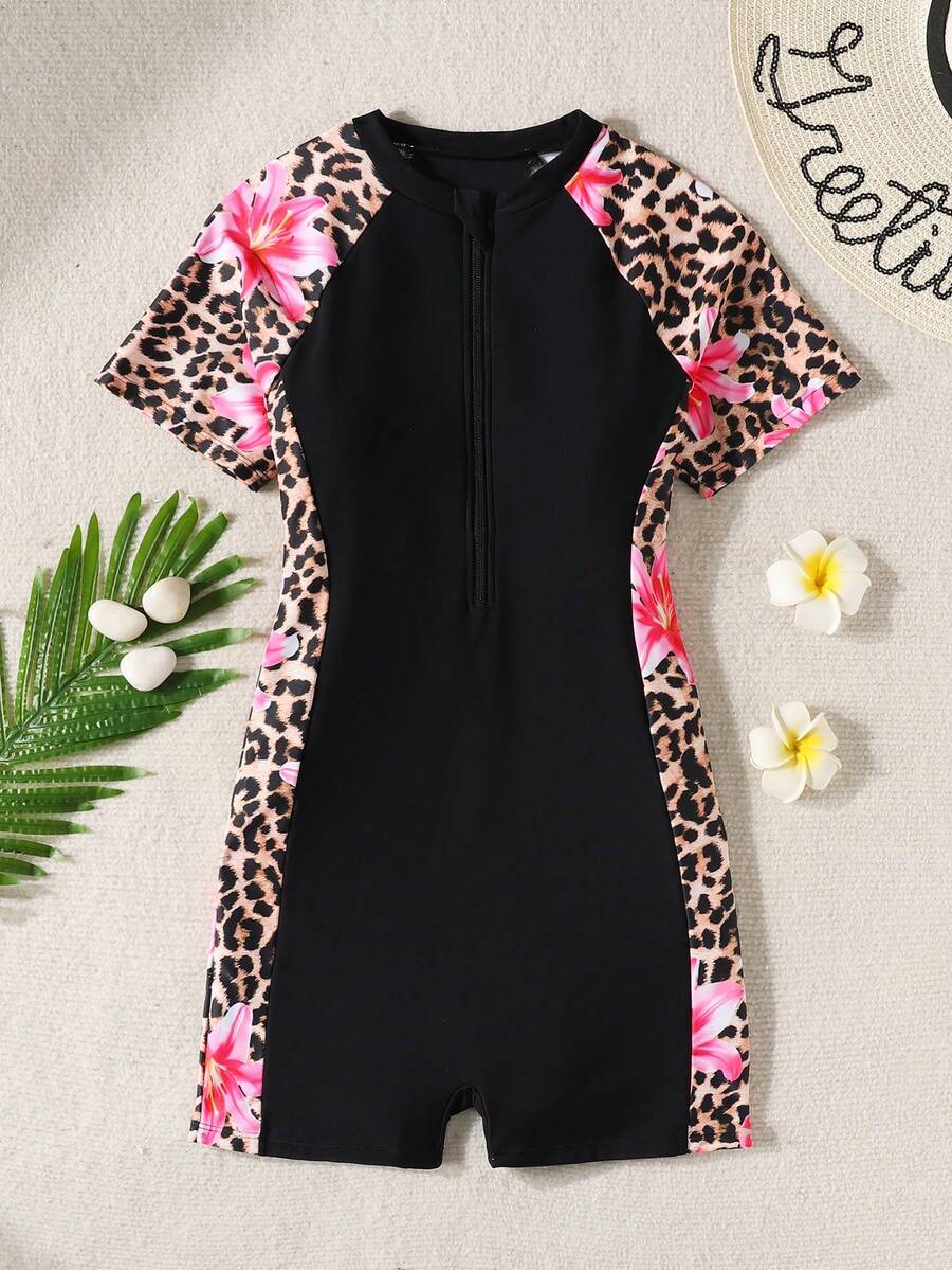 SHEIN Bộ áo tắm liền thân có khóa kéo kèm quần short, họa tiết da báo và hoa, thích hợp cho kỳ nghỉ hè ở bãi biển dành cho nữ tuổi teen. - màu đen - Xem 1