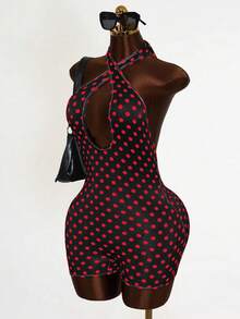 Mistrie Nuevo Llegada Primavera/Verano Casual Mono Sexy con Estampado de Lunares y Escote Halter con Recortes para Mujer - Negro - Ver 4