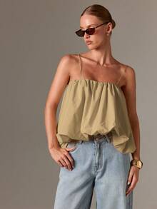 AiiRZ Bohemian Ruched Cami Tank Top With Balloon Hem And Spaghetti Straps For Summer Casual Wear - Beige - View 3