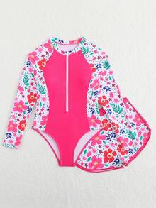 SHEIN Tween Girl Pink Flower Printed Patchwork Swimwear Set,Long Sleeve Swimming Suit,Cute Summer Beach Holiday Bathing Suit For Girls - Hot Pink - View 5