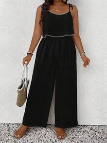 SHEIN Frenchy Plus Size Women's Black Casual Vacation Seashell Decor Contrast Color Jumpsuit, Suitable For Summer - Multicolor - View 6