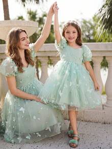 SHEIN Glamorique Kids 小女孩公主裙，3D蝴蝶花朵网纱裙，绿色薄纱裙，泡泡袖，生日派对，婚礼节日正式礼服 - 綠色 - 查看 4