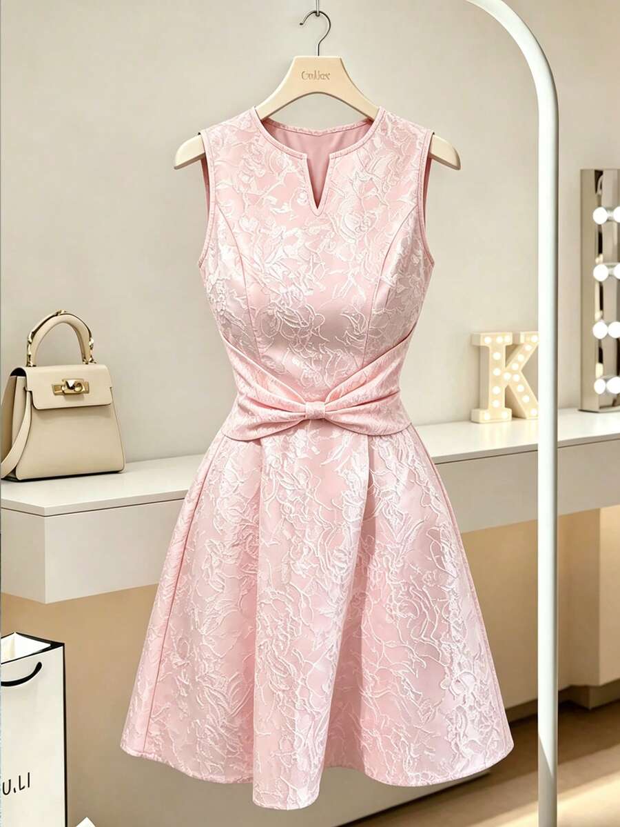 SHEIN Elenzya New Shirred Sleeveless Jacquard Dress With Bow Accent At Front Waist And Ruched Back, Lightweight Spring/Summer Elegant Mini Dress For Young Ladies - Pink - View 1
