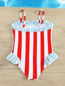 SHEIN Trẻ Cô gái Khối màu Sọc Ruffle Áo tắm một mảnh - Nhiều màu - Xem 2