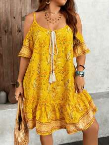 Breezaya Plus Size Floral Print Off-Shoulder Casual Dress - Yellow - View 7