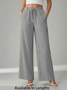 SHEIN Tall CURVE 大码休闲条纹直筒裤 - 黑與白 - 查看 2