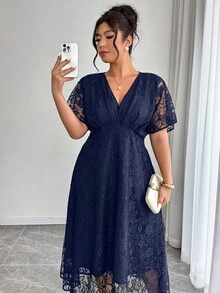 SHEIN Elenzya Đầm ren cổ chữ V thanh lịch dành cho nữ cỡ lớn, dáng chữ A thắt eo, thích hợp cho đám cưới, tiệc tùng, dạ hội, mùa xuân/hè. - Màu xanh hải quân - Xem 4