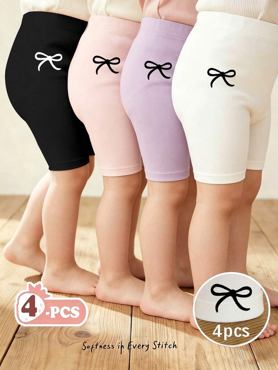 SHEIN Playful Pals Bộ 4 món quần legging/quần short/quần dài màu trơn cho bé gái, cạp chun, thiết kế nơ dễ thương, màu hồng Dopamine & kem, trang phục mùa xuân hè, trang phục thường ngày, quần áo trẻ em họa tiết hoa, bộ đồ mùa xuân hè, kiểu dáng mới, thư giãn, không khí mùa xuân, kỳ nghỉ hè thư thái - Nhiều màu - Xem 1