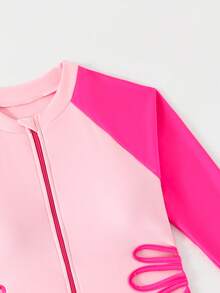 SHEIN Tween Girl Color Blocking Cut & Sew Long Sleeve One-Piece Swimwear - Hot Pink - View 3
