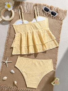 SHEIN Teen Girls Hollow Out Solid Color 2 Pieces Swimwear, Suitable For Beach, Resort, And Hot Spring - Yellow - View 2