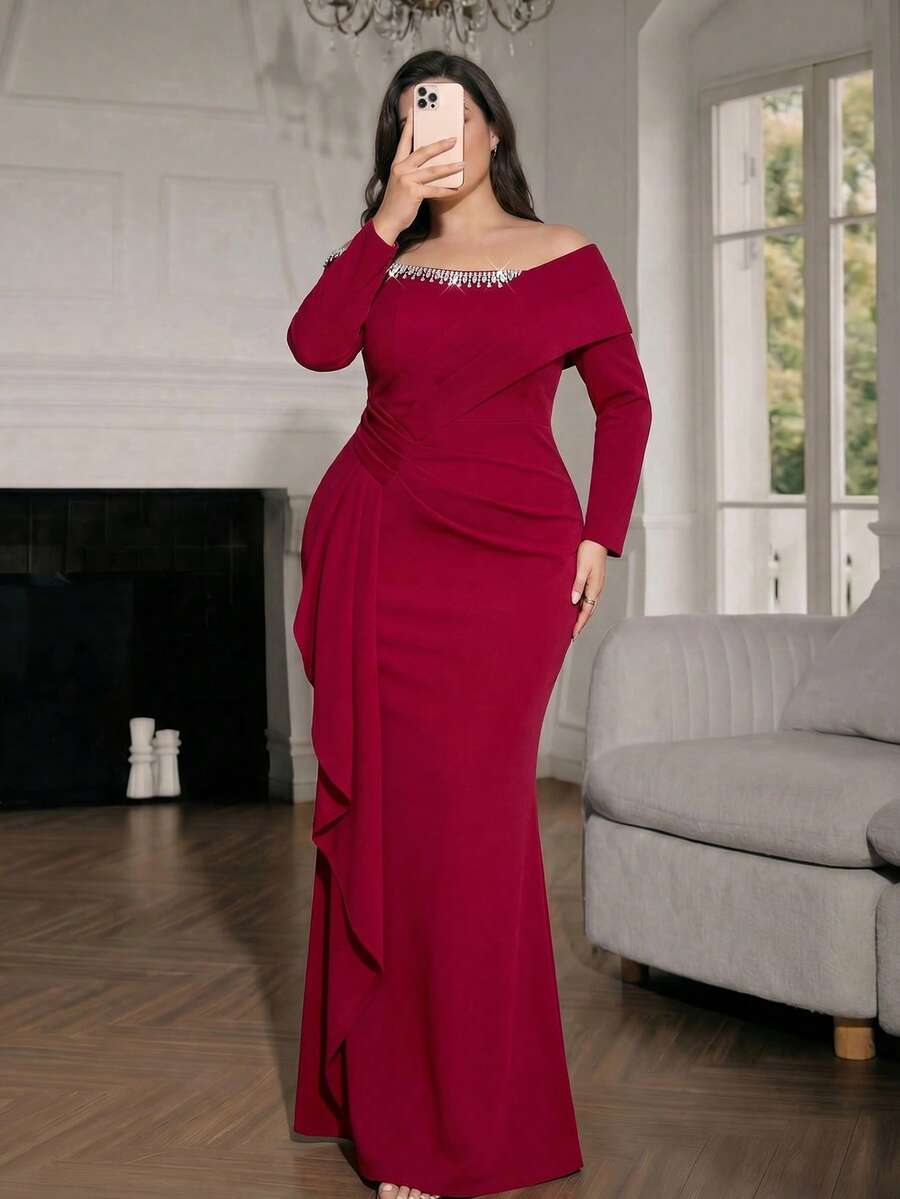Modelyn 大尺碼優雅水晶飾品露肩正式晚禮服派對婚禮 - 黑色 - 查看 1