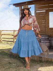 EMERY ROSE Chân váy chữ A xếp ly bằng vải denim cỡ lớn, trang phục phương Tây dành cho nữ. - Rửa trung bình - Xem 3