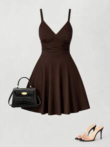 Elenzga Coffee Color Plus Size Sleeveless Bodycon Mini Dress, Minimalist, Suitable For Evening Party, Comfortable Fabric, Spring/Summer/Autumn - Coffee Brown - View 1