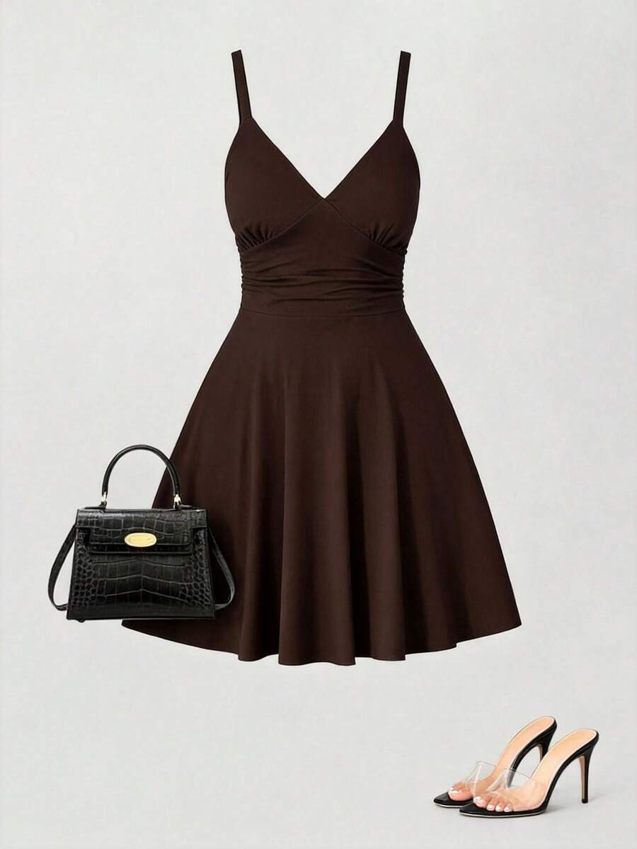 Elenzga Coffee Color Plus Size Sleeveless Bodycon Mini Dress, Minimalist, Suitable For Evening Party, Comfortable Fabric, Spring/Summer/Autumn - Coffee Brown - View 1