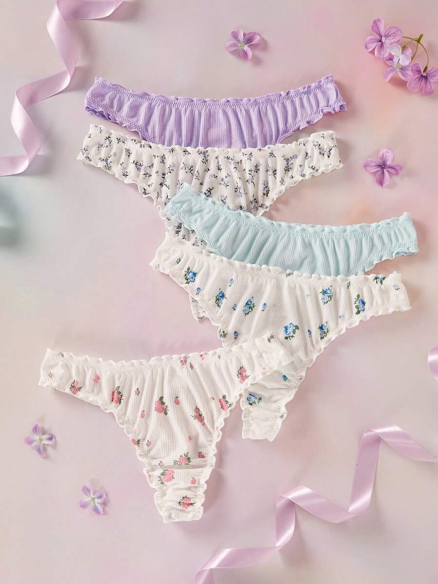 Elorette 5入組草莓圖案木耳邊內褲 - 彩色 - 查看 1