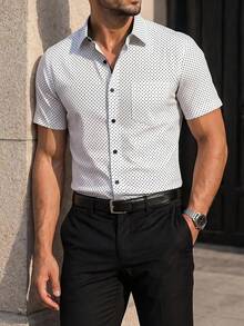 Manfinity Mode 男士商務休閒波點對比胸前口袋設計短袖襯衫，白色配黑色波點，適合夏季世界盃、度假、老錢風、日常休閒、週末旅行、戶外活動、辦公室、旅行探險、輕鬆工作環境或半正式場合，男友/丈夫禮物，週年/生日禮物派對、秋季假期、婚禮、春夏季、復活節、Y2k、復古、節慶、街頭風、開學、典禮 - 黑與白 - 查看 5