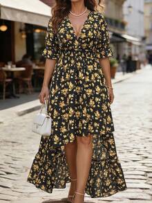 SHEIN Clasi CURVE Plus Size Women V-Neck Floral Print Irregular Hemline Mid-Length Sleeve Dress,Black Summer Boho Tea Party Vacation Casual Sundress Easter Outfit - Multicolor - View 1