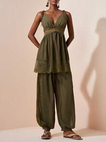 Zivah 2026 Elegant Bohemian Style Beach Vacation Vacation Sheer Chiffon Contrast Lace Set, Camisole Top+Lantern Pants, Lantern Olive Green Summer - Army Green - View 6