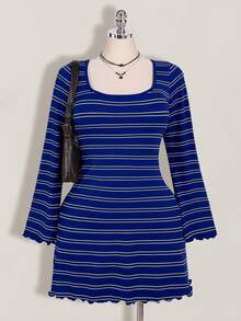 SHEIN ICON Plus Size Colorful Striped Backless Flare Sleeve Knit Dress - Royal Blue - View 4