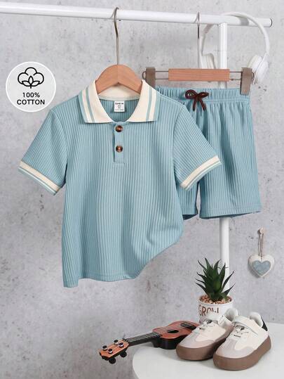 SHEIN 2pcs/Set Young Boy Loose Casual Textured Ribbed Polo Collar Top Paired With Loose Wide Leg Pants Set, Contrast Trim Polo Collar Gives Multilayered Wearing Feel, Exquisite Craftsmanship, Minimalist & Fashionable Design Showcases Boy's Personality, Suitable For Daily Casual And School Wear, Fits 4-7 Years Old Kids Summer Needs For Getaway, Holiday, Travel, Relax, Sunbathing