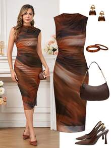 Ellevyn Plus Size Summer Fashion Tie-Dye Print Sleeveless Fitted Dress - Multicolor - View 5