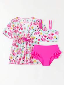 Set di 3 pezzi di bikini con stampa fenicottero e coprispalle a maniche corte per giovani ragazze - Fucsia - Visualizzare 5