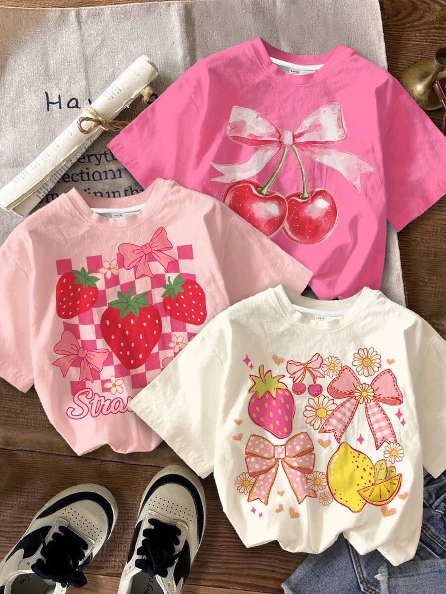 Bộ 3 áo thun ngắn tay cổ tròn in hình trái cây cho bé gái tuổi teen, màu trắng kem, hồng kem, hồng nhạt, phong cách tươi mát mùa hè, phù hợp cho mùa xuân/hè, mặc hàng ngày, đi nghỉ mát, hoạt động ngoài trời, đi học, dự tiệc, dã ngoại, phong cách thư giãn, nữ tính. - Nhiều màu - Xem 1