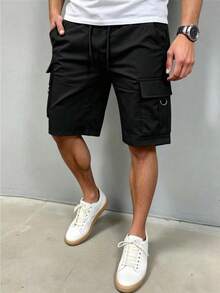 Manfinity LEGND Men's Black D-Ring Drawstring Cargo Shorts, Spring/Summer, Holiday - Black - View 6