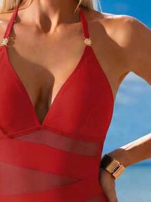 Swim Lushoire Bộ đồ bơi liền thân gợi cảm dành cho nữ với điểm nhấn kim loại, cổ chữ V và thiết kế phối vải xuyên thấu, thích hợp cho kỳ nghỉ biển. - Đỏ - Xem 4