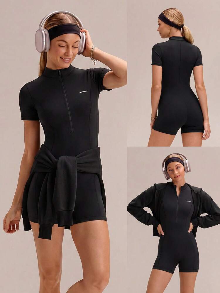 4.3" FeatherFit™-Air GlowSuit Quick-Dry UV Protection Short Sleeve High Neck Front Zipper Curved Paneling Back Seam Design Anti-Slip Hem Zip Bodysuit Summer Daily Casual Wear