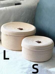 1PC Cotton Rope Storage Basket With Lid Handwoven Jute Round Multipurpose Organizer For Desk Toys Cosmetics Natural Home Decor Gift For Women Friends - Beige - View 8