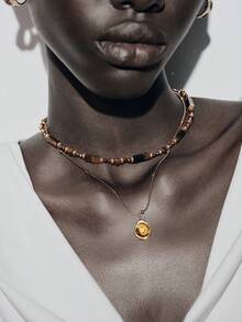 Noxbound 1pc/Set Vintage Elegant Multi-Layer Tiger Eye Stone Pendant Necklace, Women's Double-Layer Clavicle Chain Jewelry Set, Fashion Jewelry, Best Friend Gift (Natural Stone Color And Round/Square Beads Quantity And Shape Are Random) - Multicolor - View 1