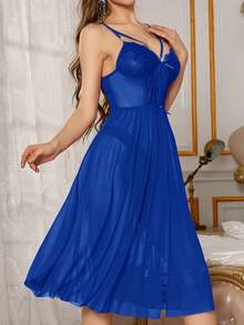 Slumberist 2pcs Lace Sheer Camisole Dress And Robe Set - Royal Blue - View 6