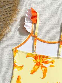 SHEIN Bộ áo tắm liền thân và váy sarong buộc dây, in họa tiết hoa ly, thích hợp cho kỳ nghỉ hè trên bãi biển, dành cho bé gái. - trái cam - Xem 3