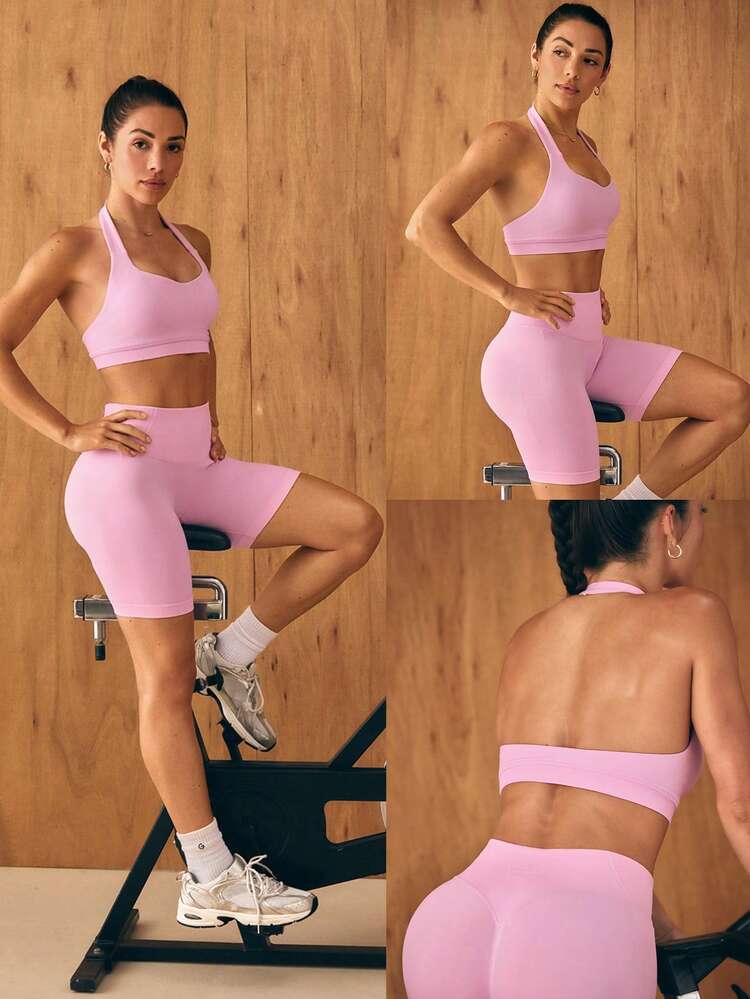 Ultrafine Soft Seamless Halo Ribbed Support Open Back Thick Straps Halter Sports Bra With Removable Cups Medium Impact Training Workout Gym Fitness Wear