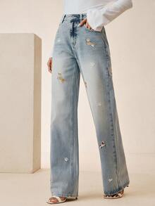 Anewsta Washed Blue Small Dog Embroidered Denim Pants - Blue - View 4