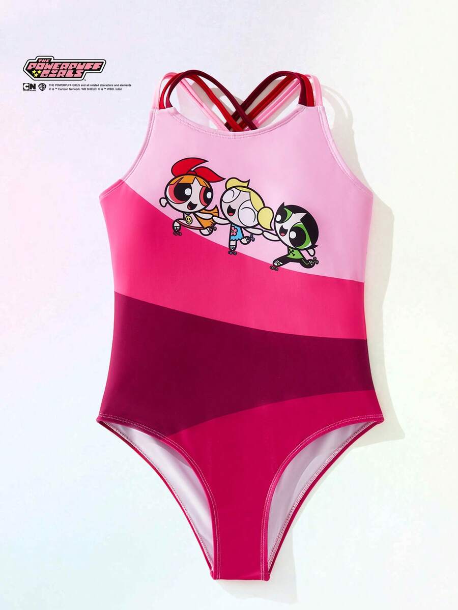 THE POWERPUFF GIRLS X SHEIN Maija Kids Tween Girl Colorblock Cartoon Print One-Piece Swimsuit, Spring/Summer One Piece Swimsuit For Kid  Squishy - Pink - View 1