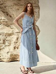 MOTF PREMIUM WOMEN'S SINGLE-BREASTED BELTED SLIP DENIM DRESS - Light Wash - View 5